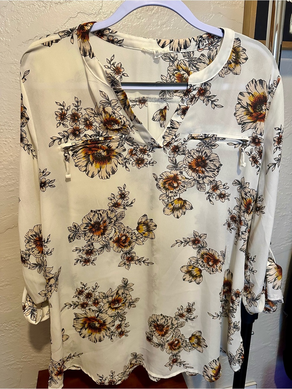Maurices Cream Floral V-Neck Blouse with Yellow & Brown Flowers